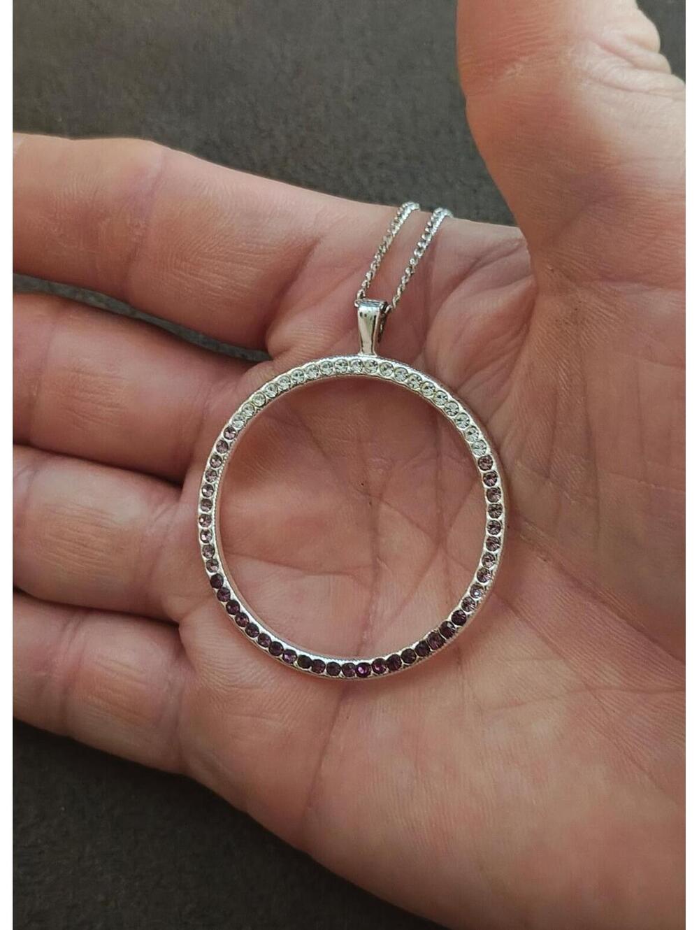 80s "Circle of Life" Design With Purple, Pink & Clear Crystals Pendant Necklace - Picture 3 of 9